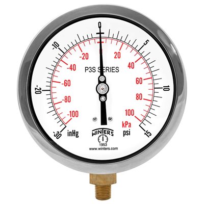 300 SERIES GAUGE ALUM 4.5'' 30''-0-15 PSI / KPA 1 / 4'' NPT LM BR SOCKET