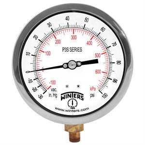 300 SERIES GAUGE ALUM 4.5'' 30''-0-100 PSI / KPA 1 / 4'' NPT LM BR SOCKET