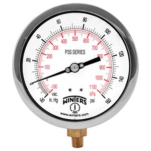300 SERIES GAUGE ALUM 4.5'' 30''-0-160 PSI / KPA 1 / 4'' NPT LM BR SOCKET