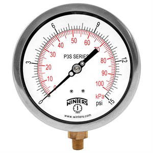 300 SERIES GAUGE ALUM 4.5'' 0-15 PSI / KPA 1 / 4'' NPT LM BR SOCKET