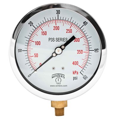 300 SERIES GAUGE ALUM 4.5'' 0-60 PSI / KPA 1 / 4'' NPT LM BR SOCKET