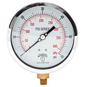 300 SERIES GAUGE ALUM 4.5'' 0-60 PSI / KPA 1 / 4'' NPT LM BR SOCKET
