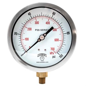 300 SERIES GAUGE ALUM 4.5'' 0-100 PSI / KPA 1 / 4'' NPT LM BR SOCKET