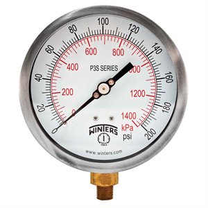 300 SERIES GAUGE ALUM 4.5'' 0-200 PSI / KPA 1 / 4'' NPT LM BR SOCKET