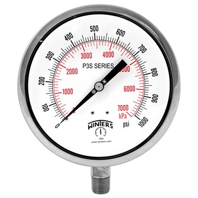 300 SERIES GAUGE ALUM 6'' 0-1000 PSI / KPA 1 / 2'' NPT LM 316LSS SOCKET
