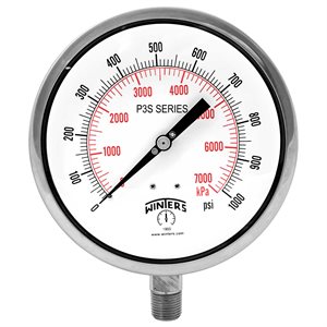300 SERIES GAUGE ALUM 6'' 0-1000 PSI / KPA 1 / 2'' NPT LM 316LSS SOCKET