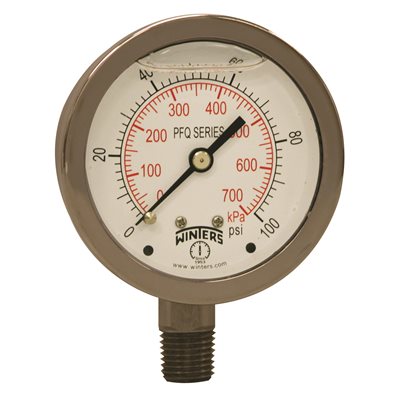 QLF / SS 2.5" 0-100 PSI / KPA 1 / 4" NPT BOTTOM