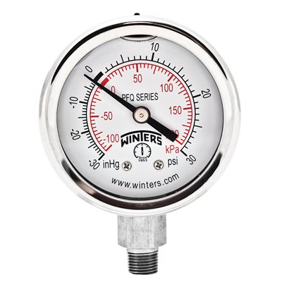 2'' x 1 / 8'' NPT BTM SS, 30”-0-30 PSI / KPA, GLYCERIN FILLED