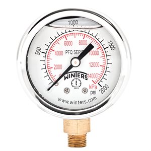 2'' x 1 / 8'' NPT BTM BRASS, 0-2,000 PSI / KPA, GLYCERIN FILLED