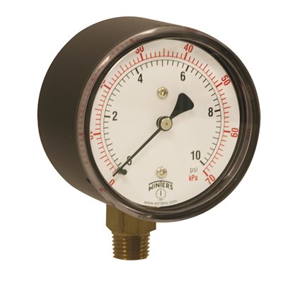 LOW PRESSURE 2.5" DIAL BRASS,0-10 PSI / KPA 1 / 4" BTM