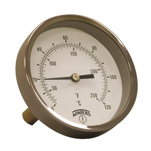 HVAC Bi-Metal Thermometer Metallic 2'' Steel 3.5'' 30 / 250 F / C 1 / 2'' NPT Cente Back Brass Thermowell