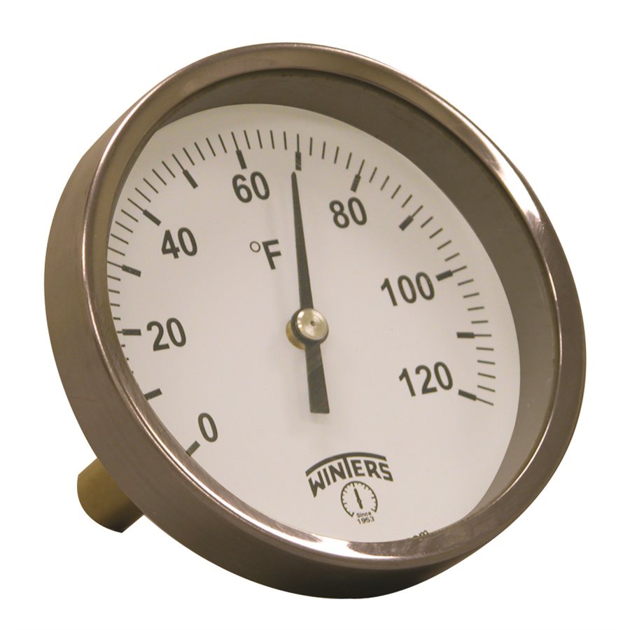 HVAC BiMetal Thermometer Metallic 2'' Steel 3.5'' 0120 F 1 / 2'' NPT Centre Back Brass Thermowell