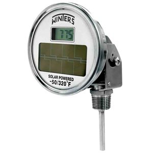 Solar Digital Bi-Metal Thermometer Metallic 2.5'' 304 SS 3'' -50 / 320 F 1 / 2'' NPT Var Angle 304 SS
