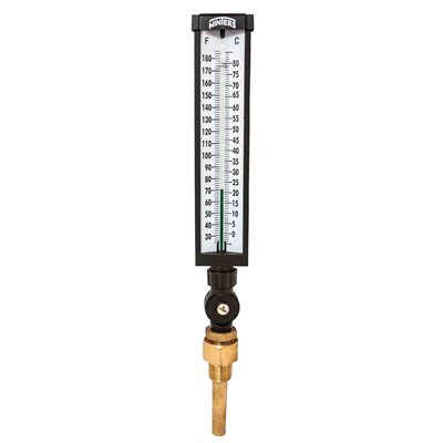 Industrial 9IT Thermometer Liquid 3.5'' Aluminum 9'' 30 / 180 F / C 3 / 4'' NPT Var Angle Brass Thermowell