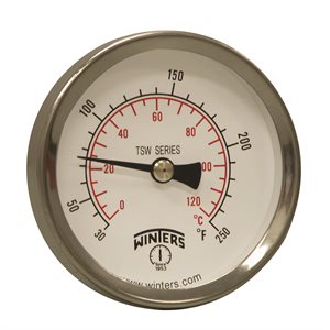 Hot Water Therm Metallic 1.5'' Aluminum 2.5'' 30 / 250 F / C 1 / 2'' NPT Centre Back Brass Thermowell