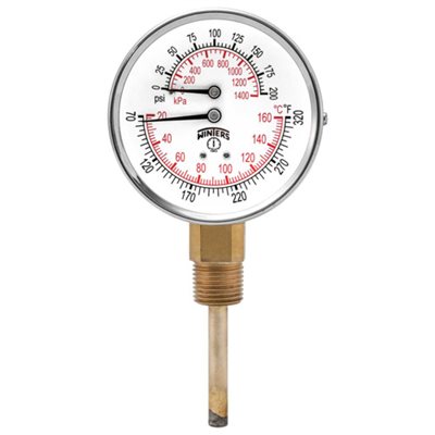 TTD SERIES TRIDICATOR, 3'' DIAL, 0 / 200 PSI / KPA & 70 / 320 F / C, 1 / 2'' BTM