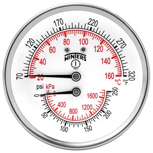 TTD SERIES TRIDICATOR, 3'' DIAL, 0 / 250 PSI / KPA & 70 / 320 F / C, 1 / 2'' CTR BACK