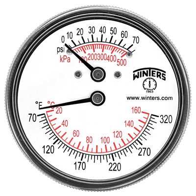 TTD SERIES TRIDICATOR, 2.5'' DIAL, 0 / 75 PSI / KPA & 70 / 320 F / C, 1 / 4'' EXT CTR BACK
