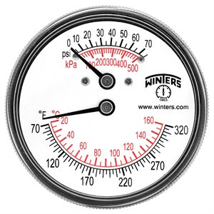 TTD SERIES TRIDICATOR, 2.5'' DIAL, 0 / 75 PSI / KPA & 70 / 320 F / C, 1 / 4'' EXT CTR BACK