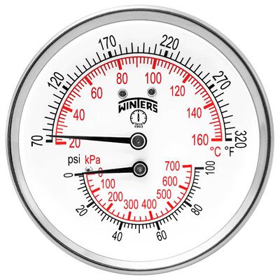 TTD SERIES TRIDICATOR, 3'' DIAL, 0 / 100 PSI / KPA & 70 / 320 F / C, 1 / 2'' CTR BACK