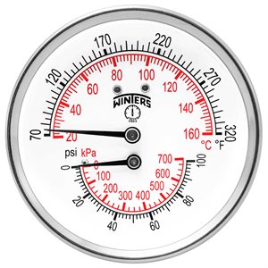 TTD SERIES TRIDICATOR, 3'' DIAL, 0 / 100 PSI / KPA & 70 / 320 F / C, 1 / 2'' CTR BACK